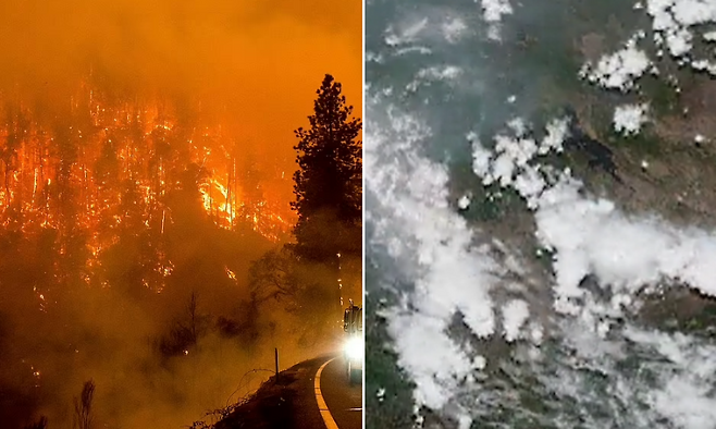 지난달 29일 미국 캘리포니아주 클래머스 국유림에서 발생한 맥키니 산불(왼쪽), 미국 국립해양대기청(NOAA)이 공개한 위성 영상(오른쪽)