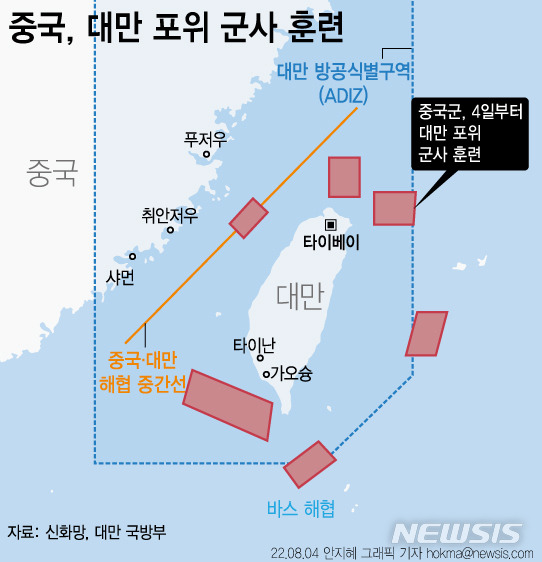 [서울=뉴시스] 중국군이 낸시 펠로시 미국 하원의장 대만 방문 다음날인 4일부터 나흘간 대만에 대한 군사적 보복에 본격적으로 나섰다.해역과 공역을 군사 훈련은 물론 포위 실탄 훈련에도 들어간다. (그래픽=안지혜 기자)  hokma@newsis.com