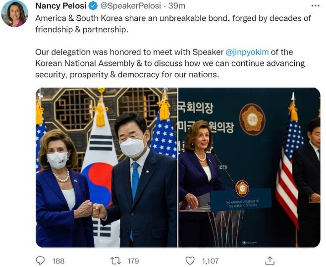 [워싱턴=뉴시스]낸시 펠로시 미국 하원의장이 4일 방한 일정을 마친 뒤 트위터를 통해 한국과의 유대를 다시금 강조했다. (사진=펠로시 의장 트위터) 2022.08.04. *재판매 및 DB 금지