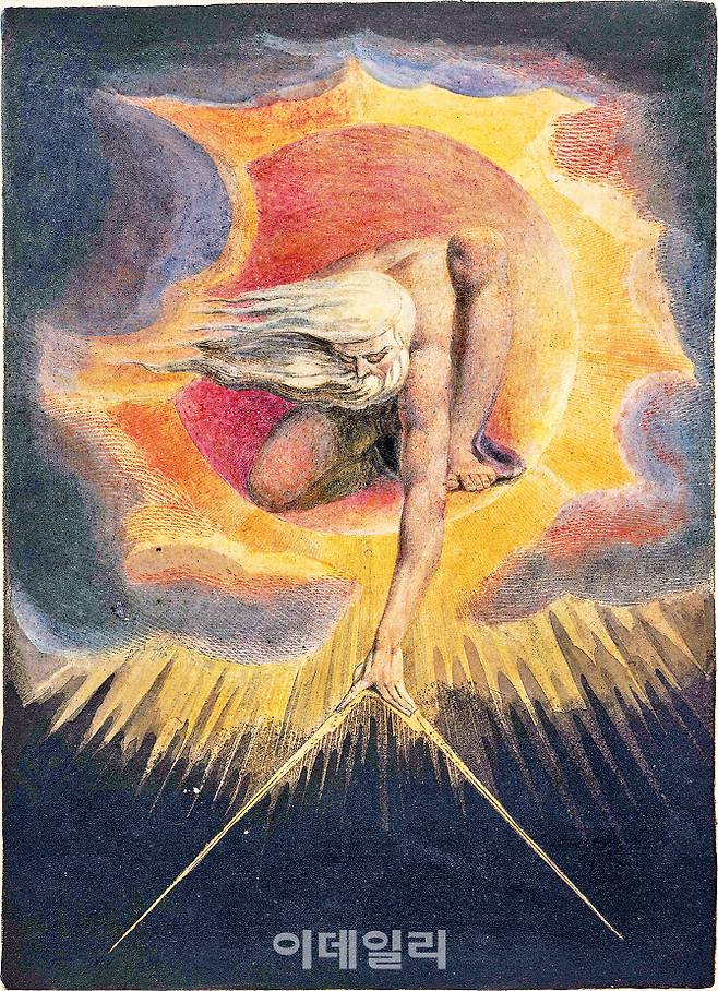 윌리엄 블레이크의 ‘태고의 나날’(1794). 블레이크의 대표작 중 하나로 꼽히는 작품은 유리즌이란 우주의 창조자를 그리고 있다. 신 혹은 합리·이성·법을 의인화한 존재가 건축을 하듯 컴퍼스를 든 손으로 세상을 창조하기 전 감을 재고 있는 듯한 모습으로 표현했다. 하지만 궁극적으로 과학과 수학의 도구조차 상상력과 창조력의 산물일 뿐이란 점을 드러내고 있다. 인상 깊은 효과, 독창적 몸짓을 꺼내 마치 무대에 극을 올리는 듯했던 블레이크 작품세계의 특징이 온전히 드러나 있다. 동판화에 수채, 23.3×16.8㎝, 영국 런던 대영박물관 소장.