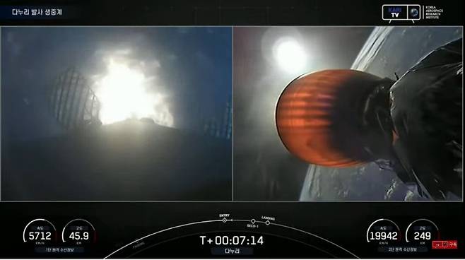첫 달궤도선 다누리가 5일(한국시간) 미국 플로리다주 케이프커내버럴 우주군 기지에서 미국의 민간 우주개발업체 '스페이스X'의 '팰컨 9' 발사체에 실려 발사되고 있다. /항우연 캡처