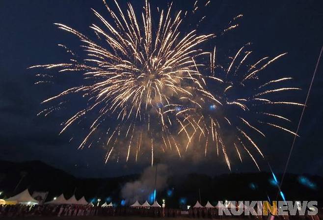 5일 오후 강원 화천군 사내생활체육공원에서 2022 화천토마토축제 개막를 알리는 화려한 불꽃놀이가 하늘을 수놓고 있다.
