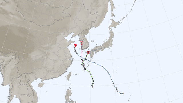 올해 우리나라에 영향을 준 3개의 태풍 경로. 왼쪽부터 5호태풍 '송다'(파란색), 6호태풍 '트라세'(분홍색), 4호태풍 '에어리'(초록색). 기상청 제공
