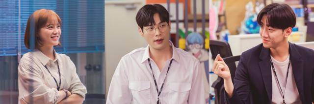 김세정 최다니엘 남윤수(왼쪽부터 차례로)가 '오늘의 웹툰'에서 자신이 맡은 캐릭터의 MBTI를 밝혔다. 이 작품은 웹툰 업계의 오피스 라이프, 그리고 새내기 웹툰 편집자 온마음의 성장기를 그린다. 스튜디오S 제공