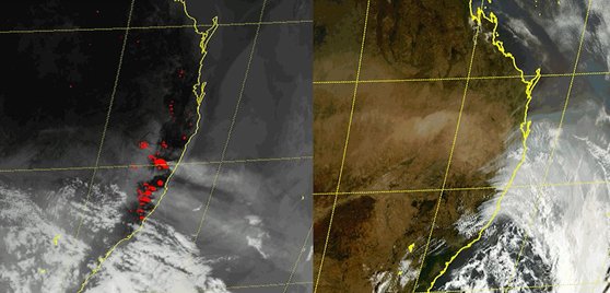 2020년 1월 호주에서 대규모 산불이 발생했을 때, 천리안위성 2A호가 특별관측한 호주 산불 탐지영상(왼쪽)과 호주 산불 연기 관측영상.