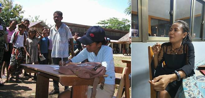 2003년 1월, 상록수부대가 지역 고등학생들을 대상으로 주최한 ‘도전 골든벨’ 장학퀴즈대회에서 우승한 카타리나 씨(당시 17세)가 문제를 푸는 모습(왼쪽)과 4일 KBS 기자와 만나 당시 추억을 회상하는 모습(오른쪽).