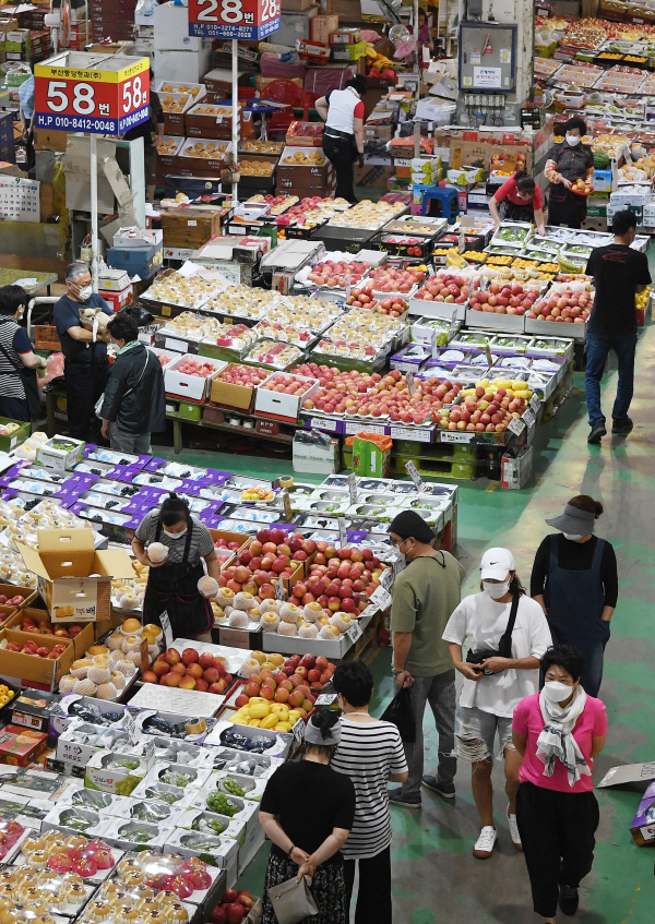 (자료사진) 2020년 추석 연휴를 앞두고 부산 해운대구 반여농산물도매시장을 찾은 시민들이 제수용 과일을 구입하는 모습. 국제신문DB