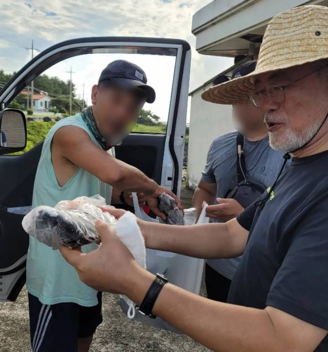 문재인 전 대통령이 3일 토산포구에서 생선을 들어보이고 있다. 문재인 전 대통령 인스타그램 캡처.