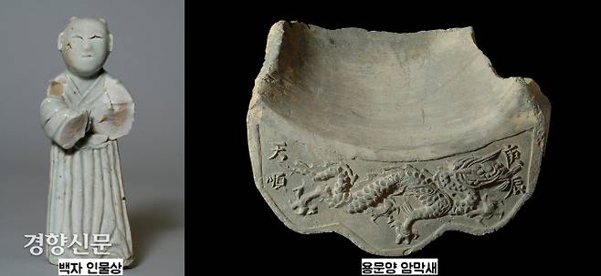 회암사터에서 출토된 백자 인물상과 용문양 암막새. 사찰 건물이 궁궐의 위상에 걸맞은 규모를 자랑했음을 알려주고 있다. |경기문화재연구원·양주 시립 회암사지박물관 제공