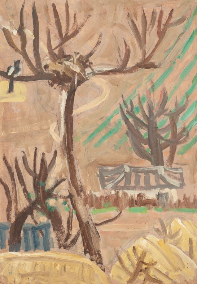 이중섭이 1953~54년 그린 <나무와 까치가 있는 풍경>. 교사로 일하면서 가장 활발하게 창작했던 통영 시절 그린 작품이다. 국립현대미술관 이건희 컬렉션 소장품이다. 국립현대미술관 제공