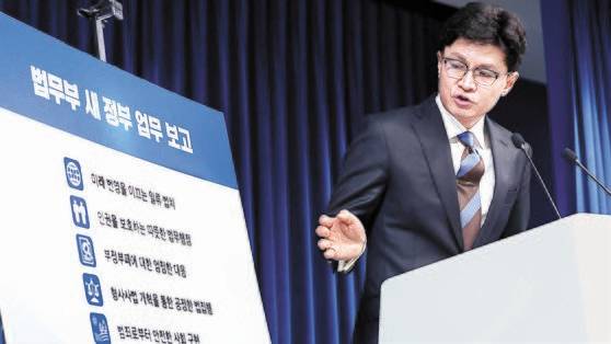 한동훈 법무부장관이 7월 26일 용산 대통령실 청사에서 윤석열 대통령에게 진행한 부처 업무보고 결과 브리핑을 하고 있다. 대통령실사진기자단