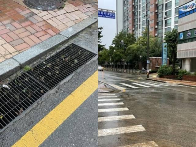 9일 경기도 의정부 용현동의 한 도로가 배수로 막힘 현상으로 침수됐다가 다시 물이 빠져 바닥이 드러난 모습. 온라인 커뮤니티 캡처