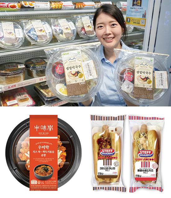 세븐일레븐 ‘샘밭막국수’, 이마트24 ‘우미학치즈쭉깍두기볶음솥밥’(좌), ‘스테프핫도그 2종’(우)