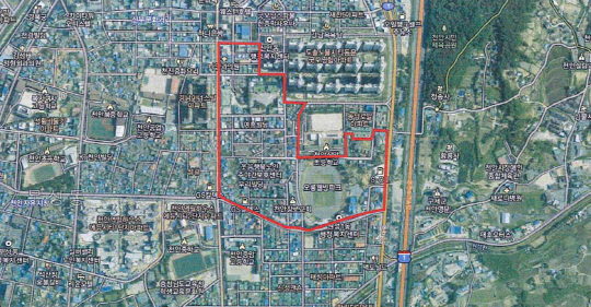 빨간색 선 안의 부지가 오룡지구 도시재생사업 지구이다. 사진=천안시 제공
