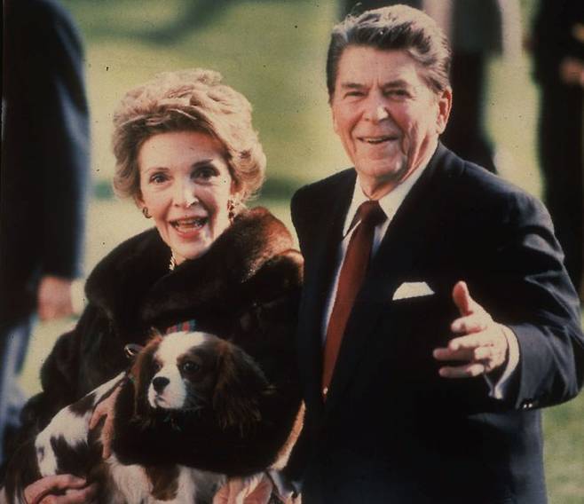 로널드 레이건 대통령과 부인 낸시 여사가 지난 1986년 12월 반려견 렉스와 함께 워싱턴 백악관 남쪽 잔디밭을 걸어가고 있다. ⓒ AP/뉴시스
