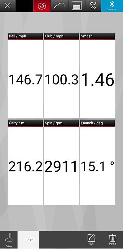 위: 공 속도, 클럽 속도, 스매시팩터 / 아래: 비거리, 회전량, 발사 각도