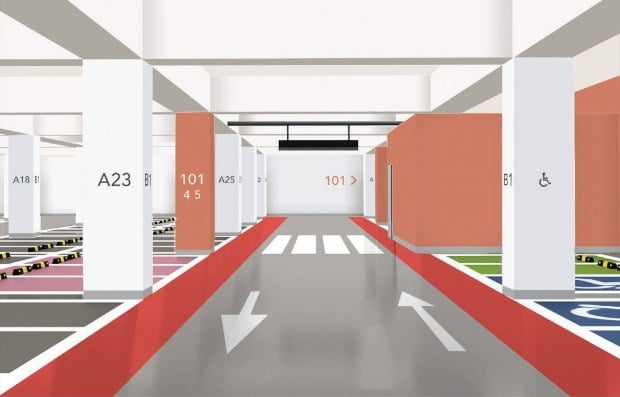 색상 범용 디자인이 적용된 지하주차장 예시. 사진=코오롱글로벌