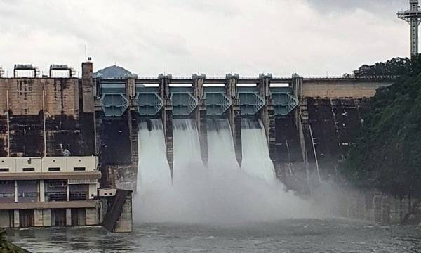 충북 충주시 충주댐이 장맛비로 수위 조절을 위해 수문을 순차적으로 열고 물을 방류하고 있다. /사진=연합뉴스