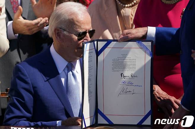 (워싱턴 AFP=뉴스1) 우동명 기자 = 조 바이든 미국 대통령이 9일(현지시간) 워싱턴 백악관에서 365조6800억 원 규모의 반도체 산업 지원용 '반도체 과학법'에 서명을 한 뒤 펼쳐 보이고 있다. ⓒ AFP=뉴스1 Copyright (C) 뉴스1. All rights reserved. 무단 전재 및 재배포 금지.