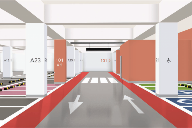 컬러 유니버설 디자인을 적용한 지하주차장 예시./자료=코오롱글로벌 제공