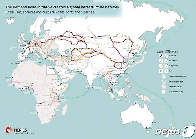 독일 메르카토르 중국문제연구소(MERICS)가 시각화한 중국의 일대일로 사업 지도.
