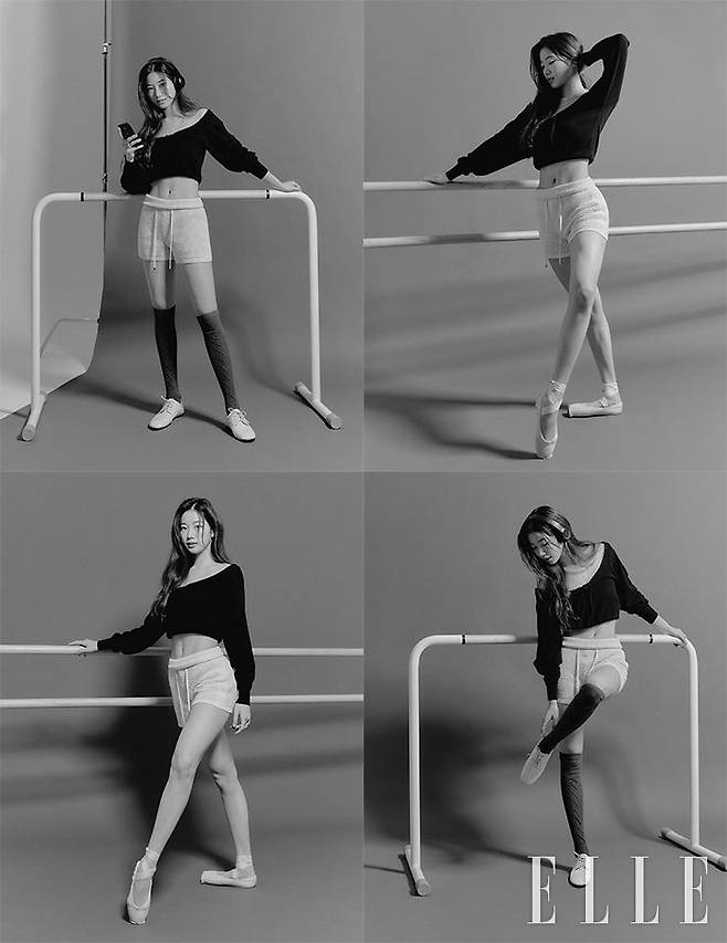 니트 풀오버는 Alexander wang. 니트 쇼츠는 City Breeze. 실버 링은 Daybeau x Amondz. 니 삭스는 스타일리스트 소장품. 토슈즈는 본인 소장품.