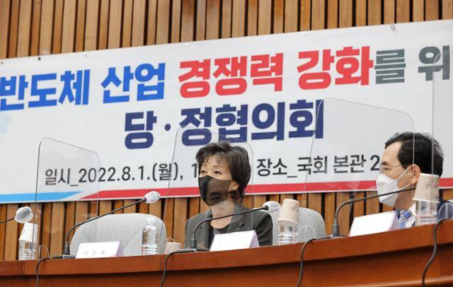 박순애 전 사회부총리 겸 교육부 장관이 자진 사퇴 전인 1일 서울 여의도 국회에서 열린 반도체 산업 경쟁력 강화를 위한 당·정 정책협의회에 참석해 발언하고 있다. 사진공동취재단