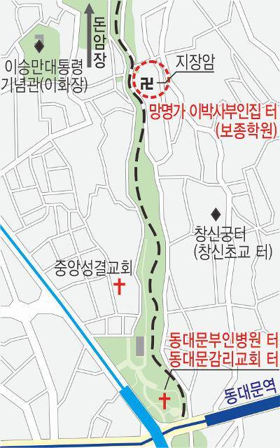 이승만 본처 박승선이 살았던 창신동 '이박사 부인 집터'와 프란체스카와 살았던 '이화장'(왼쪽). 북쪽으로는 '돈암장'이 있다. 이승만과 박승선은 복음주의 개신교인이었다.