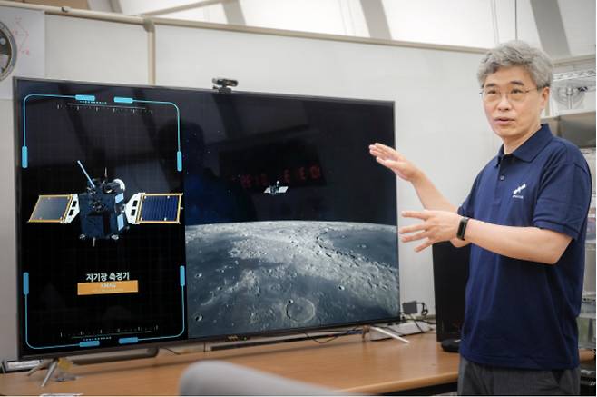 한국 최초의 달 탐사선인 ‘다누리’에 탑재된 자기장 측정기를 개발한 경희대 우주과학과의 진호 교수가 자기장 측정기에 대해 설명하는 모습. [경희대 제공]
