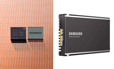 ▲최근 SK하이닉스가 공개한 238단 세계 최고층 낸드플래시(왼쪽)와 삼성전자가 선보인 CXL 차세대 인터페이스 기반 ‘메모리 시맨틱 SSD’ (사진=SK하이닉스·삼성전자)