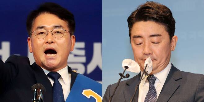 박용진(왼쪽) 의원과 사퇴한 강훈식 의원./뉴시스·이덕훈 기자
