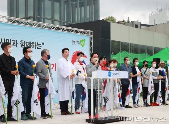 주광덕 남양주시장 15일 한국자유총연맹 남양주시지회 주관 광복절 기념 ‘평화 통일 기원 시민 걷기대회’ 축사. 사진제공=남양주시