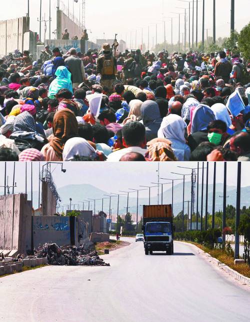 카불 공항의 1년 전과 현재 모습. 지난해 8월 10일 아프간에서 철수하는 미국 수송기를 타기 위해 카불공항에 수많은 인파가 몰렸지만 지금은 텅 비어 있다. AFP연합뉴스