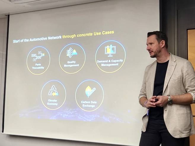 간담회에서 발표하는 하겐 호이바흐 SAP 자동차산업 총괄 [촬영 임성호]