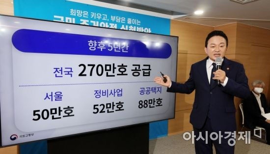 원희룡 국토교통부 장관이 16일 서울 종로구 정부서울청사에서 윤석열 정부 첫 주택공급대책을 발표하고 있다./김현민 기자 kimhyun81@