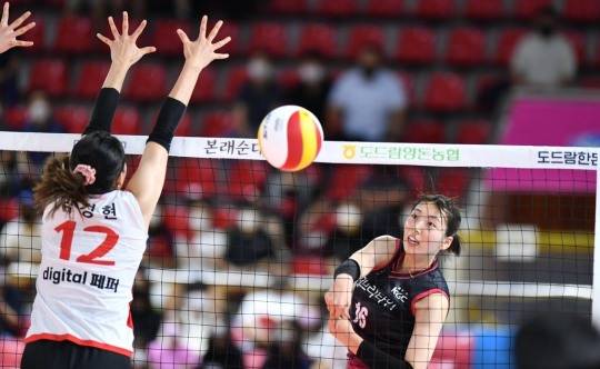 KGC인삼공사 고의정이 16일 순천 팔마체육관에서 열린 2022 순천·도드람컵 프로배구대회 여자부 페퍼저축은행과의 경기에서 오픈 공격을 시도하고 있다. [한국배구연맹 제공]