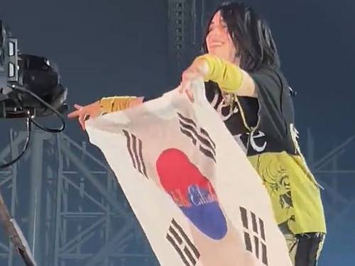 팝스타 빌리 아일리시가 15일 내한공연에서 관객이 건넨 태극기를 펼친 모습. 트위터