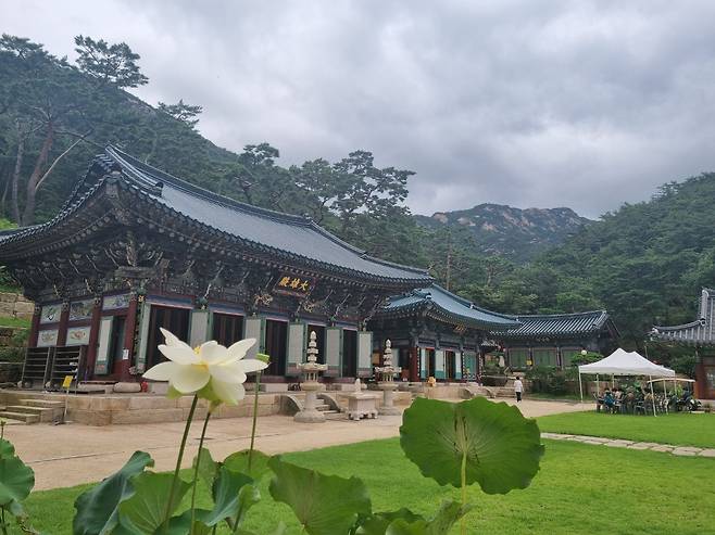 15일 대웅전 앞마당에서 본 진관사 전경. 사찰 뒤로 북한산이 펼쳐져 있다. /김한수 기자