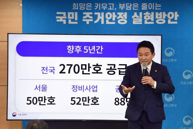 원희룡 국토부 장관이 16일 서울 종로구 정부청사 브리핑룸에서 부동산 대책을 발표하고 있다. 최현규 기자