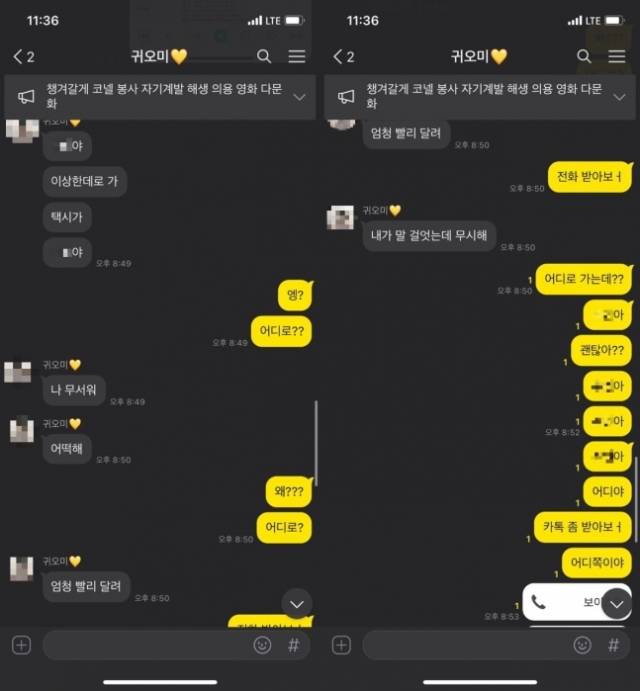 지난 3월 4일 택시에서 뛰어내려 뒤따라오던 SUV에 치여 숨진 여대생이 사망 전 남자친구에게 보낸 카카오톡 대화내용. 청와대 국민청원게시판 캡처