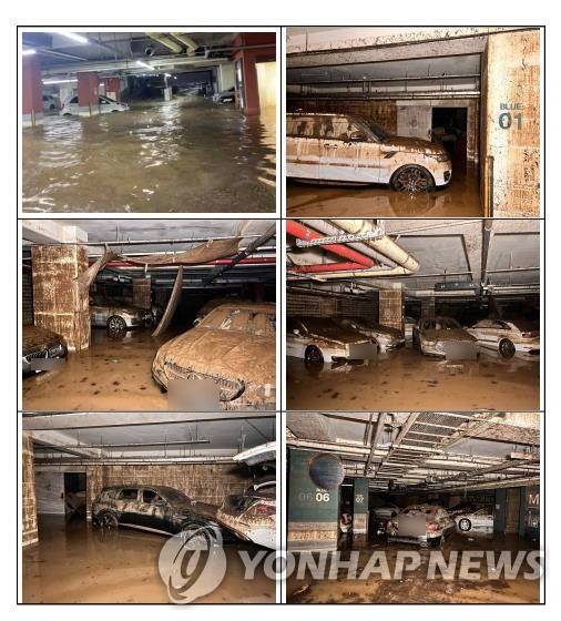침수 피해를 본 판교의 한 오피스텔 지하주차장 (성남=연합뉴스) 최근 수도권을 강타한 집중호우로 큰 피해가 난 경기 성남시 판교의 한 오피스텔 입주민들이 17일 성남시와 시행사 및 시공사에 탄원서를 제출했다. 사진은 지난 8일 밤 내린 집중호우로 피해를 본 판교 오피스텔의 지하 3층과 지하 2층 주차장 모습. 2022.8.17 [오피스텔 입주민 제공. 재판매 및 DB 금지] photo@yna.co.kr