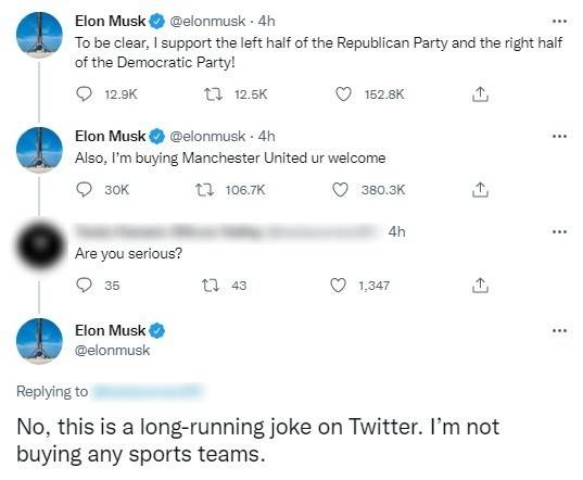 맨체스터유나이티드를 인수하겠다는 농담을 한 일론 머스크 테슬라 최고경영자(CEO). 사진=트위터