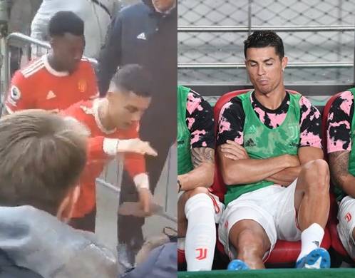 크리스티아누 호날두가 지난 4월 경기 종료 후 한 소년 팬이 들고 있던 폰을 내리치려고 손을 들고 있는 모습(왼쪽). 지난 2019년 7월 방한했던 호날두가 팀 K리그와의 친선경기에서 벤치에 앉아있는 모습(오른쪽). 트위터 캡처. 국민일보DB