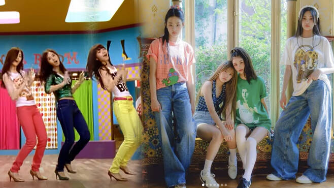 소녀시대(왼쪽) ‘지’ 뮤직비디오 한 장면. 스키니바지를 입은 소녀들이 눈에 띈다. 이달 8일 데뷔한 뉴진스(오른쪽).
