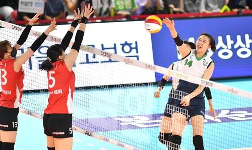 현대건설 양효진의 공격 (서울=연합뉴스) 현대건설 미들 블로커 양효진(오른쪽)이 18일 전남 순천 팔마체육관에서 열린 2022 순천·도드람컵 프로배구대회 여자부 B조 페퍼저축은행과의 경기에서 오픈 공격을 시도하고 있다. [한국배구연맹 제공. 재판매 및 DB 금지]