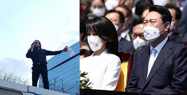 문재인 전 대통령 사저 앞 욕설 시위를 주도한 극우 유튜버 안정권 씨, 윤석열 대통령과 부인 김건희 여사 (사진=뉴스1)