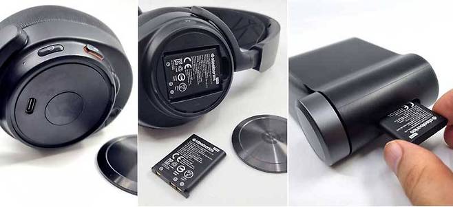 헤드셋 측면의 커버를 열면 USB-C 포트, 교체용 배터리가 모습을 드러낸다, 배터리는 게임덱으로 충전 가능