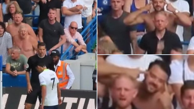 지난 15일 첼시와 토트넘의 EPL 2라운드 경기에서 한 남성이 손흥민을 향해 인종차별적 행위를 했다. /사진=온라인 커뮤니티