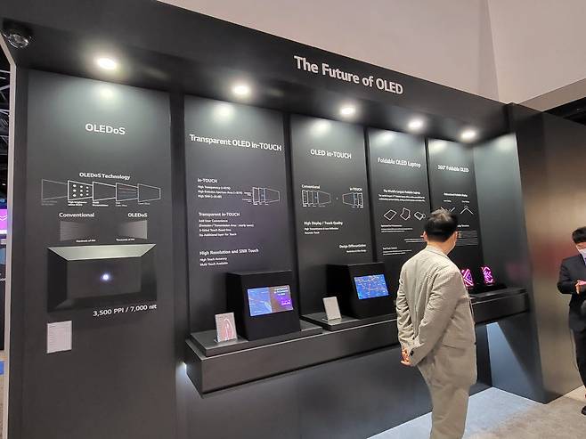 LG디스플레이는 미국 산호세에서 5월 12일(현지시간) 열린 국제정보디스플레이학회(SID2022)에서 AR 글래스용 마이크로OLED 올레도스를 전시했다.