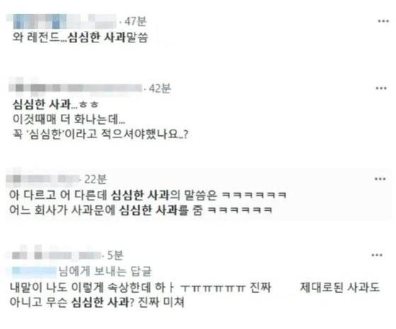 ‘심심한 사과’ 뜻을 오해한 일부 네티즌들이 카페 사과문에 남긴 댓글. 사진 트위터 캡처